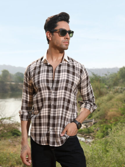 Brown Checkered Cotton Shirt with Premium Contrast Collar