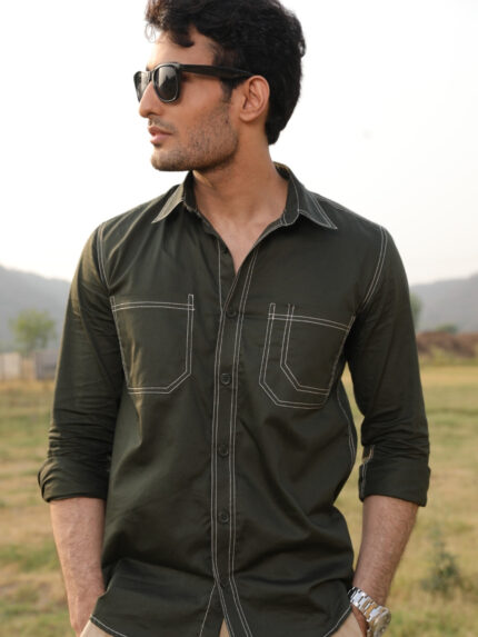 Bottle Green Contrast Stitch Stylish Casual Shirt