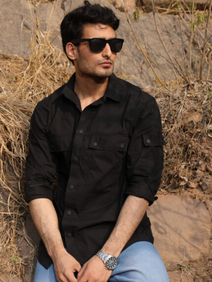 Black Utility Box Fit Street Style Casual Shirt for Men