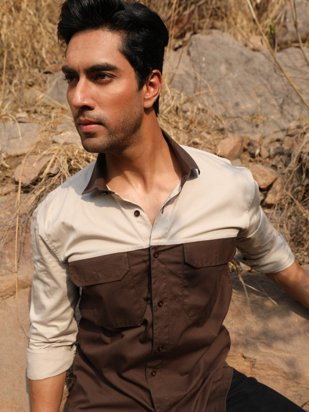 248-1.jpg Brown and Cream Color Blocked Modern Casual Shirt - Image 1