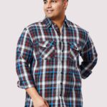 Blue and Red Check Double Pocket Men Plus Size Shirt