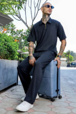 Unisex Black Textured Oversized Polo Neck Tee & Trackpant Co-ord Set - Image 2