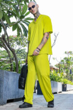 Unisex Lime Green Textured Oversized V-Neck Tee & Trackpant Co-ord Set - Image 2