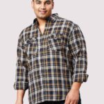 Brown and Grey Check Double Pocket Men Plus Size Shirt