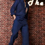 Navy Blue Linen Blend Casual Relaxed Fit Mandarin Collar Shirt & All Day Pants Co-Ord Set