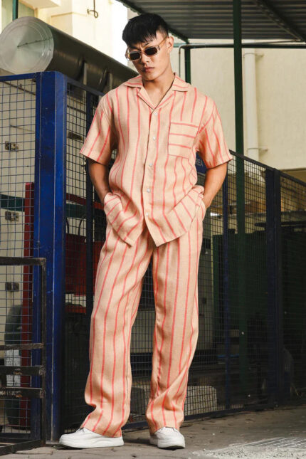 Beige & Orange Linen Blend Casual Relaxed Fit Short Sleeve Shirt & Gurkha Pants Co-Ord Set