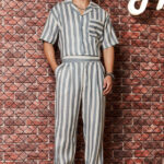 Blue & White Linen Blend Casual Relaxed Fit Short Sleeve Shirt & Gurkha Pants Co-Ord Set