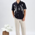 Houston Barley Navy Blue Box Fit Embroidered Shirt