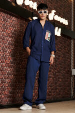Navy Blue Linen Blend Casual Relaxed Fit Mandarin Collar Shirt & All Day Pants Co-Ord Set - Image 2