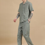 Men Textured Cotton Seersucker Resort Shirt & Trouser Co Ord Set