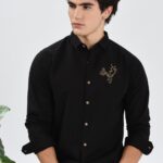 Arctic Reindeer Black Embroidered Luxury Casual Shirt