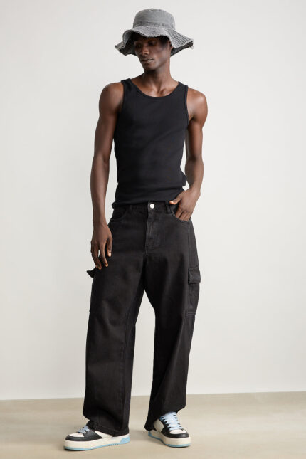 Jet Black Utility Pocket Baggy Cargo Jeans for Men