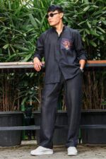 Black Linen Blend Casual Relaxed Fit Mandarin Collar Shirt & All Day Pants Co-Ord Set