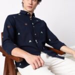 Forest Peaks Navy Cotton Nature Embroidered Shirt