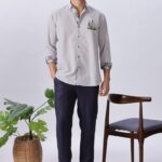 Moonlit Cabin Grey Cotton Regular Fit Embroidered Shirt