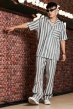 Blue & White Linen Blend Casual Relaxed Fit Short Sleeve Shirt & Gurkha Pants Co-Ord Set - Image 2