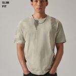 Beige Printed Slim Fit Cotton T Shirt