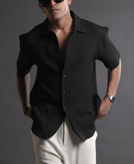 Half Sleeve Big Bubble Textured Black Shirt
