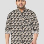 Black Beige Ikat Check Men Plus Size Full Sleeve Shirt