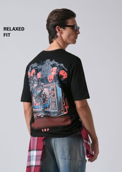Black Back Print Relaxed Fit Cotton T Shirt
