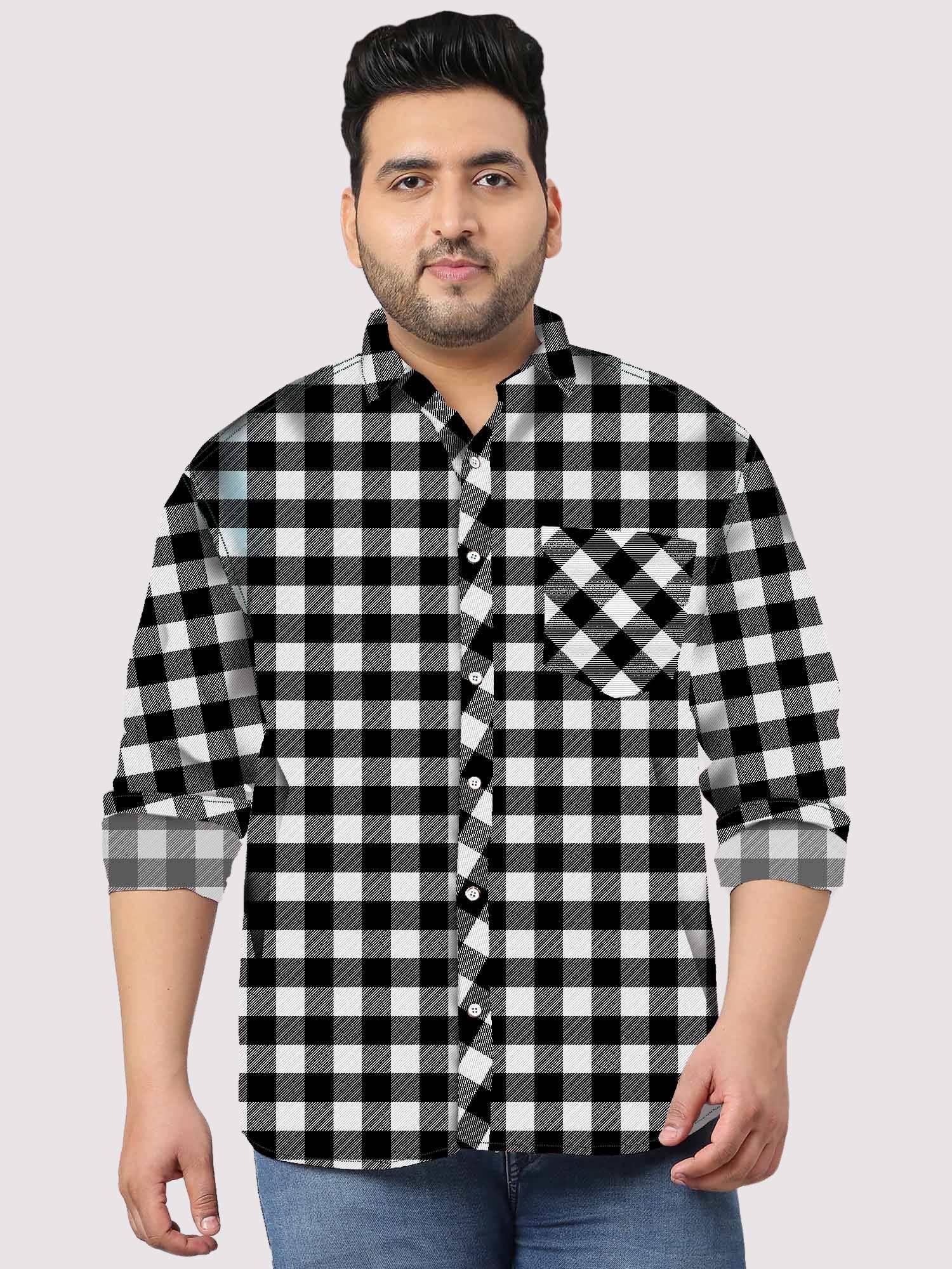 Black_and_White_Checked_Full_Sleeve_Shirt_Men_s_Plus_Size.jpg Black and White Bold Check Men Plus Size Full Sleeve Shirt - Image 1