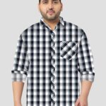 Black and Blue Check Pattern Men Plus Size Cotton Shirt