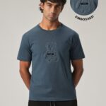 Blue Embossed Slim Fit Cotton T Shirt