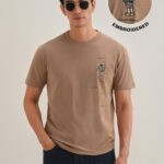 Brown Embroidered Regular Fit Cotton T Shirt