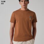 Brown Embossed Print Slim Fit Cotton T Shirt