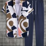 Classy Brown And Blue Patchwork On White Mens Full Set Trouser And Shirt Half Sleeves