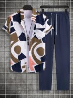 Classy Brown And Blue Patchwork On White Mens Full Set Trouser And Shirt Half Sleeves