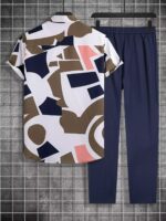 Classy Brown And Blue Patchwork On White Mens Full Set Trouser And Shirt Half Sleeves - Image 2
