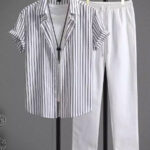 Brown Lining On White Mens Full Set Trouser And Shirt Half Sleeves