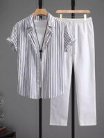 Brown Lining On White Mens Full Set Trouser And Shirt Half Sleeves