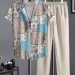 Classy Cream Mandala  Mens Full Set Trouser And Shirt Half Sleeves