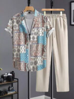 Classy Cream Mandala  Mens Full Set Trouser And Shirt Half Sleeves
