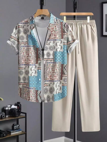 Classy Cream Mandala  Mens Full Set Trouser And Shirt Half Sleeves