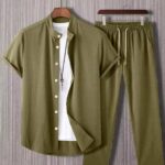 Plain Army Green Mens Full Set Trouser And Shirt Half Sleeves