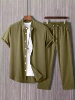 Plain Army Green Mens Full Set Trouser And Shirt Half Sleeves