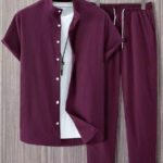 Plain Burgundy Mens Full Set Trouser And Shirt Half Sleeves