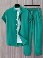Plain Green Mens Full Set Trouser And Shirt Half Sleeves
