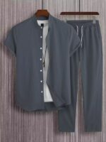 Plain Grey Mens Full Set Trouser And Shirt Half Sleeves