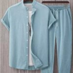 Plain Mint Blue Mens Full Set Trouser And Shirt Half Sleeves