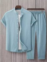 Plain Mint Blue Mens Full Set Trouser And Shirt Half Sleeves