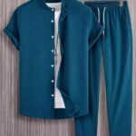 Plain Teal Blue Mens Full Set Trouser And Shirt Half Sleeves