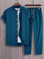 Plain Teal Blue Mens Full Set Trouser And Shirt Half Sleeves