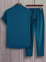 Plain Teal Blue Mens Full Set Trouser And Shirt Half Sleeves - Image 2
