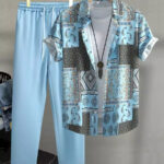 Classy Skyblue Mandala  Mens Full Set Trouser And Shirt Half Sleeves