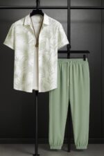 Leafy White Men’s Casual Half Sleeve Shirt and Trouser Co-ord Set