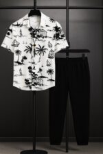 White Beach Men’s Casual Half Sleeve Shirt and Trouser Co-ord Set